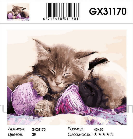 Картина по номерам 40x50 Котёнок и щенок отдыхают на пряже
