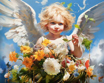 Малыш-ангелочек с букетом цветов