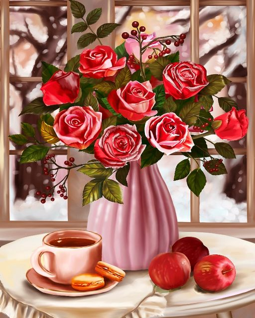 Алмазная мозаика 40x50 Букет красных роз, чай и яблоки