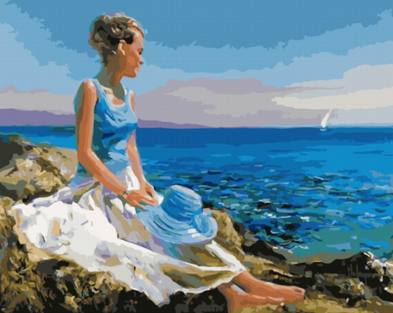 Картина по номерам 40x50 Дама на скалистом берегу у моря