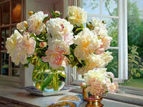 Без бренда «Ваза с букетом белых пионов у окна» в Нижнем Тагиле