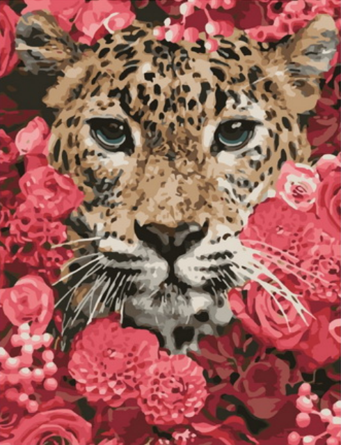 Картина по номерам 40x50 Портрет гепарда среди розовых цветов