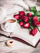 Букет тюльпанов, чашечка кофе и книга
