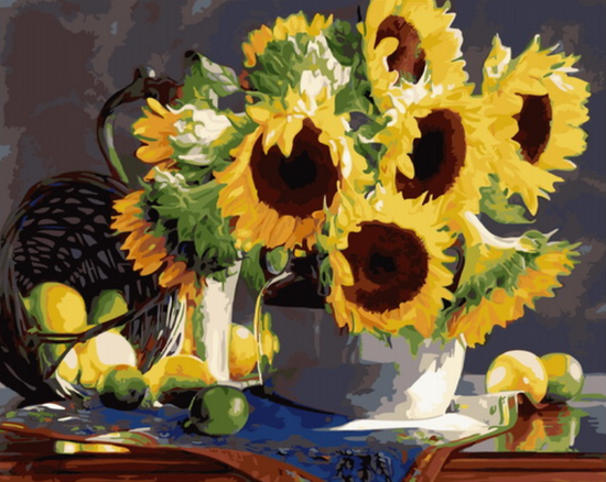 Картина по номерам 40x50 Большой букет подсолнухов и корзина с лимонами
