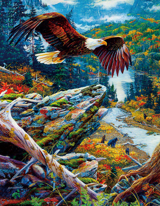 Алмазная мозаика 40x50 Полёт орла над осенним лесом и горами