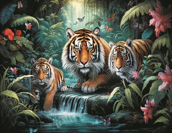 Алмазная мозаика 40x50 Тигры в райском уголке джунглей