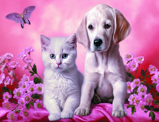 Алмазная мозаика 40x50 Белый щенок и котёнок среди розовых цветов