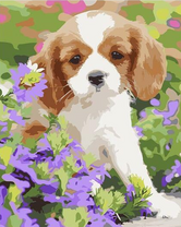 Маленький щенок и фиолетовый куст