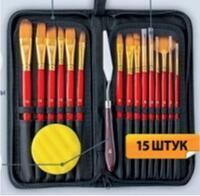Без бренда «Коробка 50 шт.: Набор кистей для рисования в чехле, премиум набор (15 нейлоновых кистей, 1 мастихин) красные» в Нижнем Тагиле
